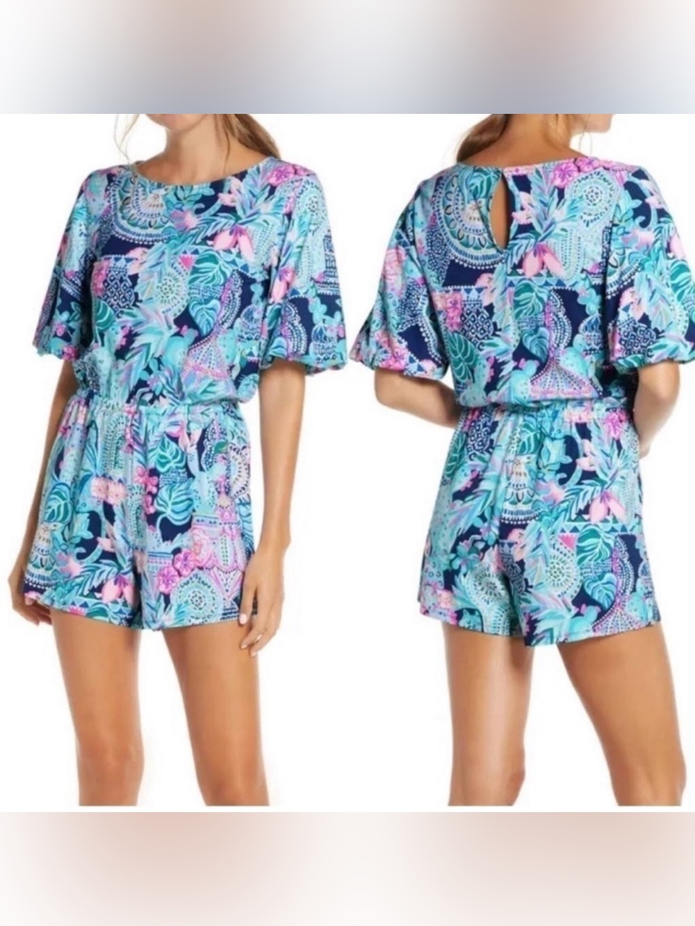Lilly Pulitzer Blue Pink Bubble Lookin Sharp Britton Puff Sleeve Romper Small
